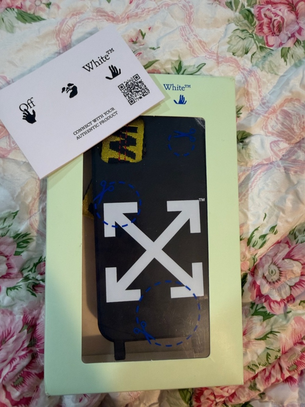 Off-White Black Phone Case with White Arrow Logo and Yellow Strap Accent